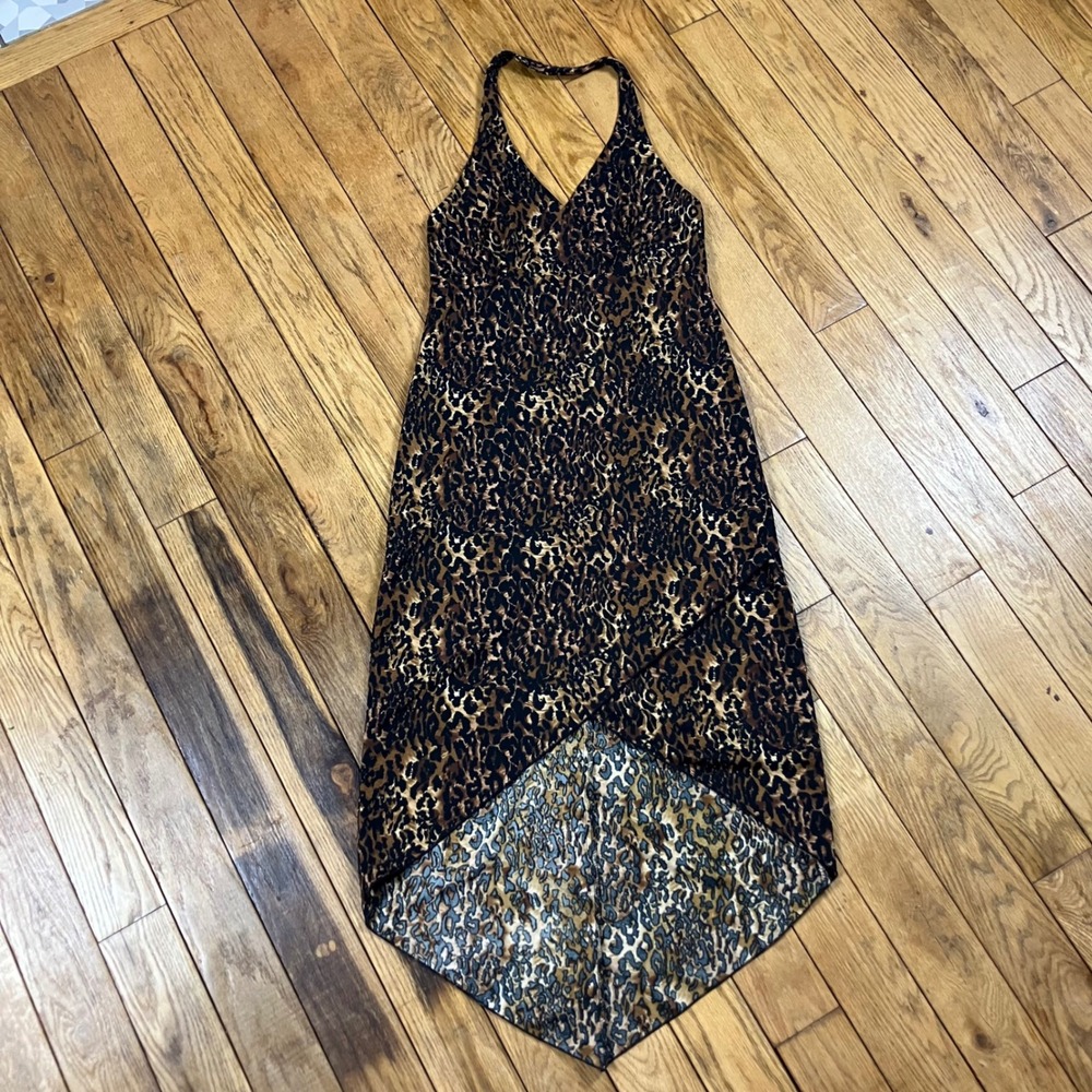 Connected Apparel Leopard‎ Print Halter Maxi Dress Handkerchief Hem Brown 12